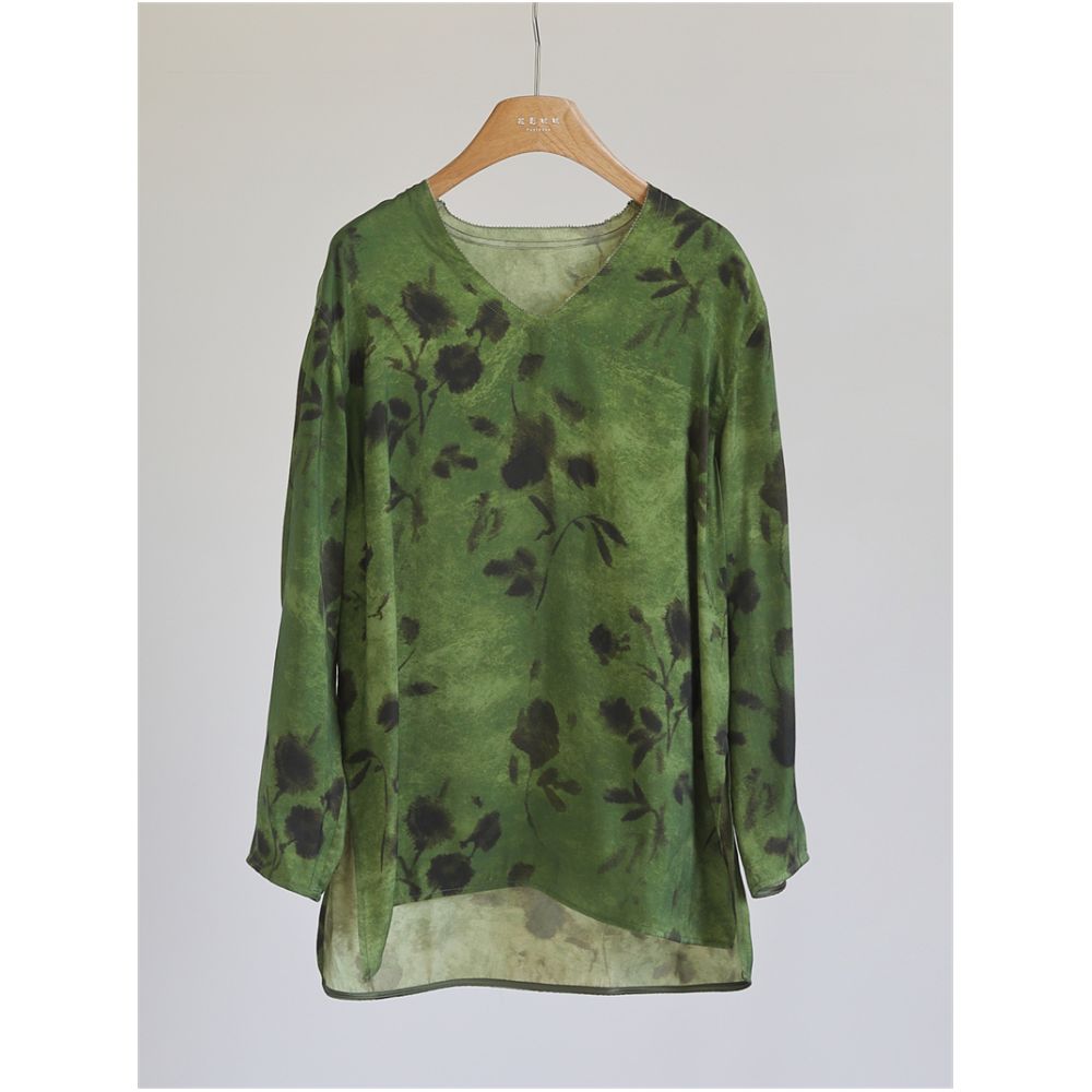 Chinese style printed cross dyed vintage loose top women s V neck long sleeved casual retro versatile shirt medium length J51196 image 2