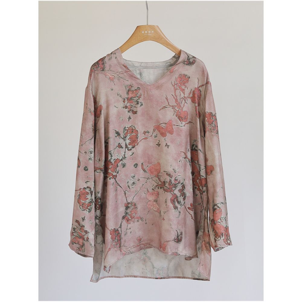 Chinese style printed cross dyed vintage loose top women s V neck long sleeved casual retro versatile shirt medium length J51196 image 3