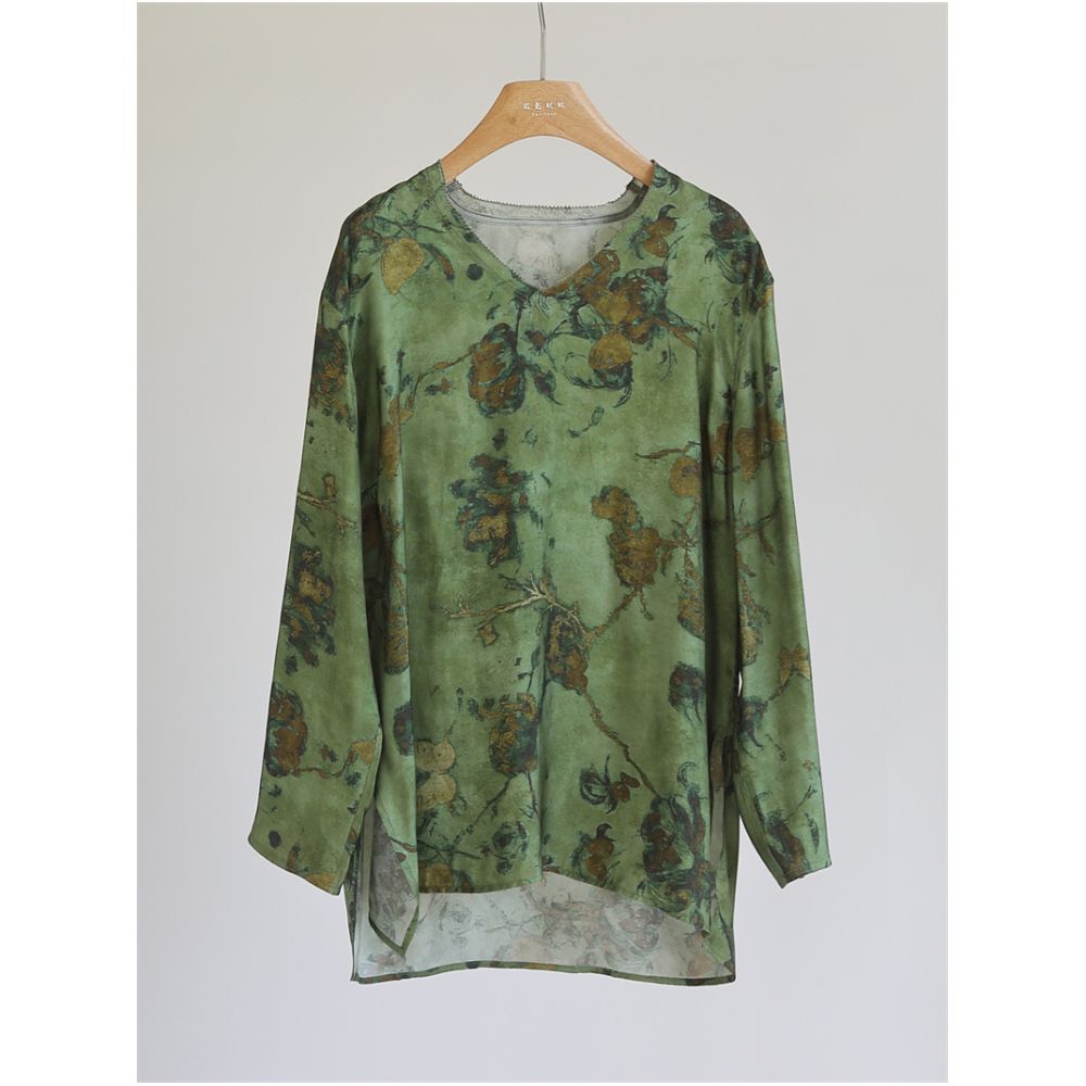 Chinese style printed cross dyed vintage loose top women s V neck long sleeved casual retro versatile shirt medium length J51196 image 4