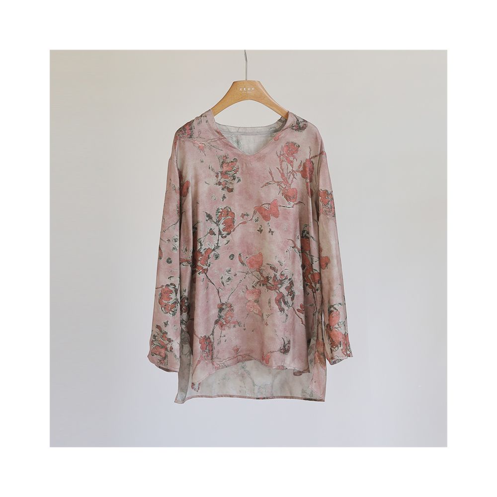 Chinese style printed cross dyed vintage loose top women s V neck long sleeved casual retro versatile shirt medium length J51196 image 7