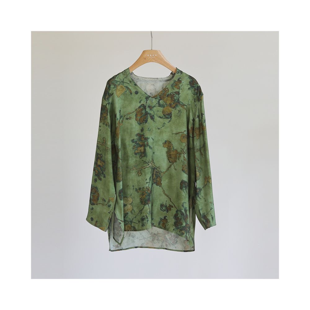 Chinese style printed cross dyed vintage loose top women s V neck long sleeved casual retro versatile shirt medium length J51196 image 10
