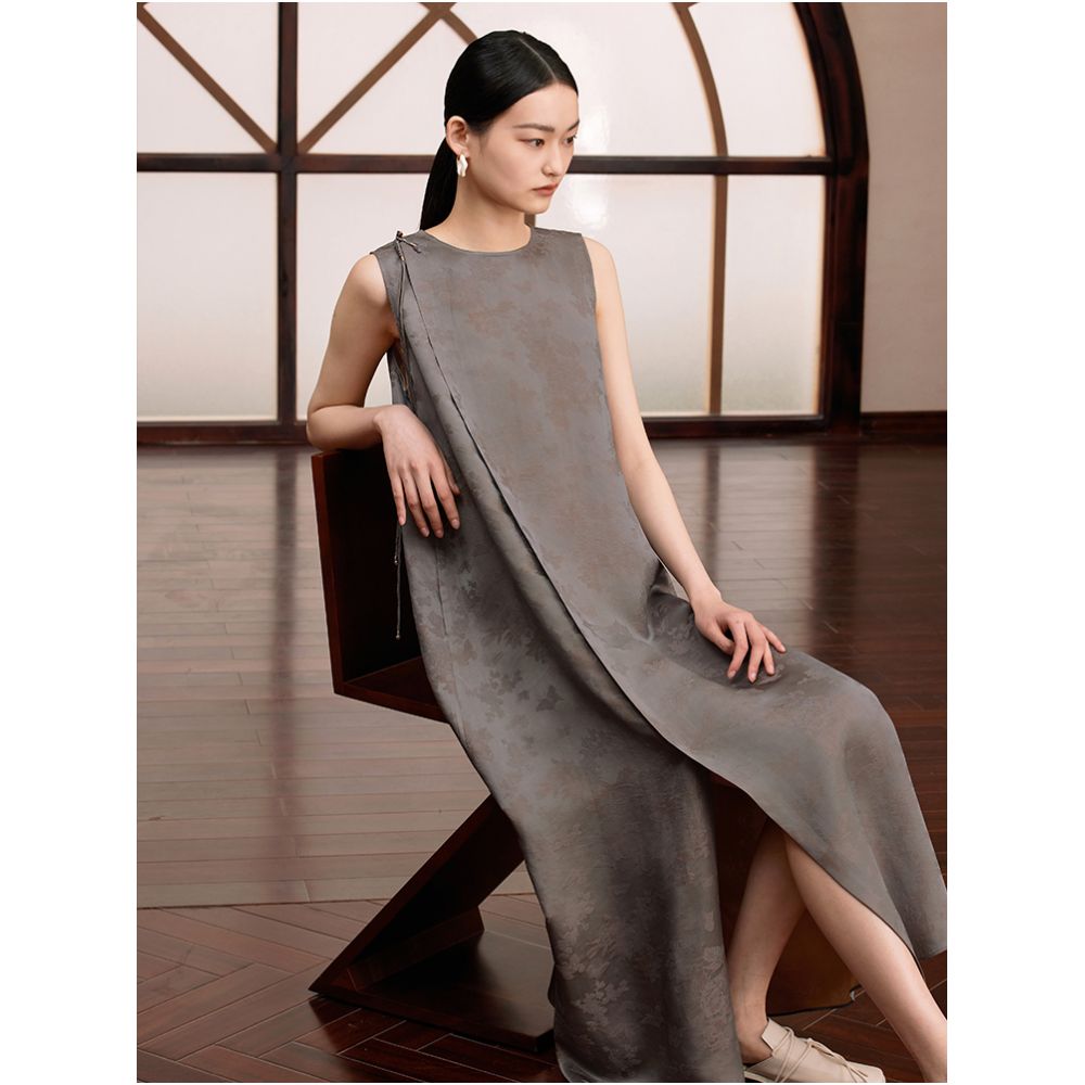 Ruyi Lianyun Silk Blended Diagonal Hemp Jacquard New Chinese Style Dress Women s National Style Su Pan Button Jade Button Long Dress image 0
