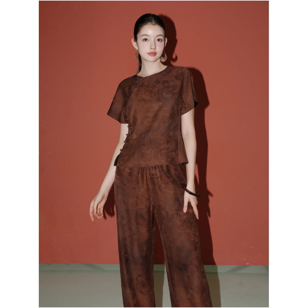 100 mulberry silk dragon patterned Xiangyun yarn Reversible straight leg pants and Chinese style top image 14