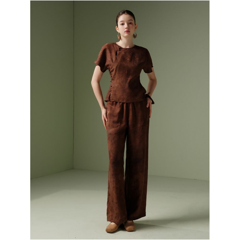 100 mulberry silk dragon patterned Xiangyun yarn Reversible straight leg pants and Chinese style top image 3