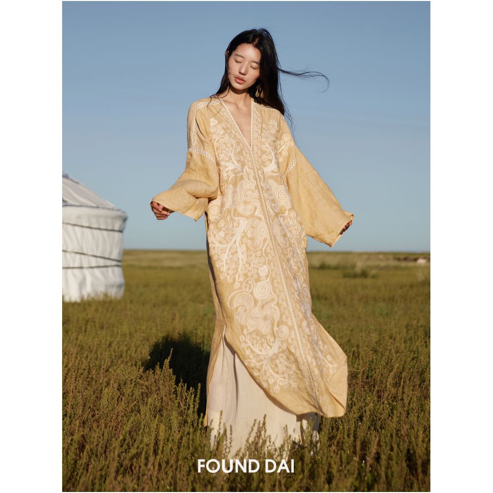 ASAYA4802 – Golden Horizon Embroidered Linen Dress 🌾☀️