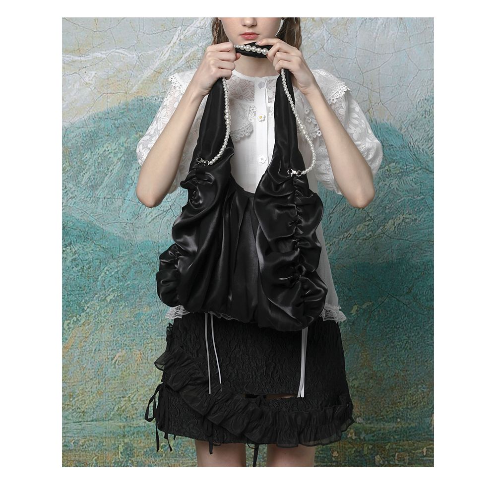 Lactose Studio Apricot Bright Silk Satin Fairy Cloud Bag Pearl Shoulder Strap Detachable Versatile Single Shoulder image 8