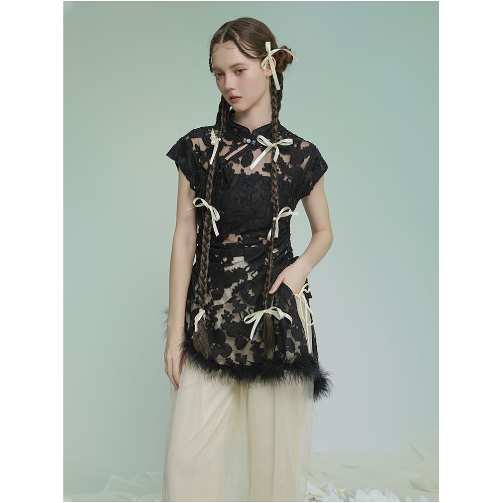 Tail Kite Record Original Black New Chinese style Burnt Flower Asymmetric Design Top Chinese Style Versatile Heavy Industry Summer New Style image 1