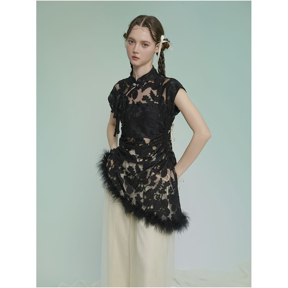 Tail Kite Record Original Black New Chinese style Burnt Flower Asymmetric Design Top Chinese Style Versatile Heavy Industry Summer New Style image 2