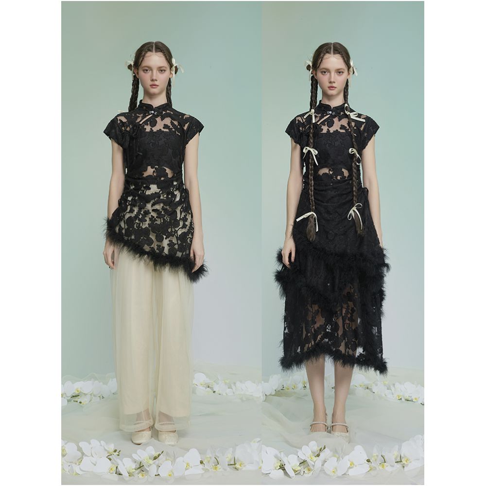 Tail Kite Record Original Black New Chinese style Burnt Flower Asymmetric Design Top Chinese Style Versatile Heavy Industry Summer New Style image 3
