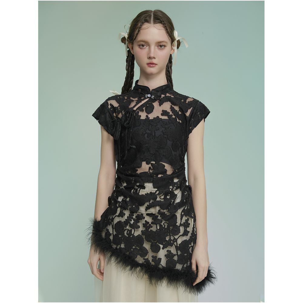 Tail Kite Record Original Black New Chinese style Burnt Flower Asymmetric Design Top Chinese Style Versatile Heavy Industry Summer New Style image 5