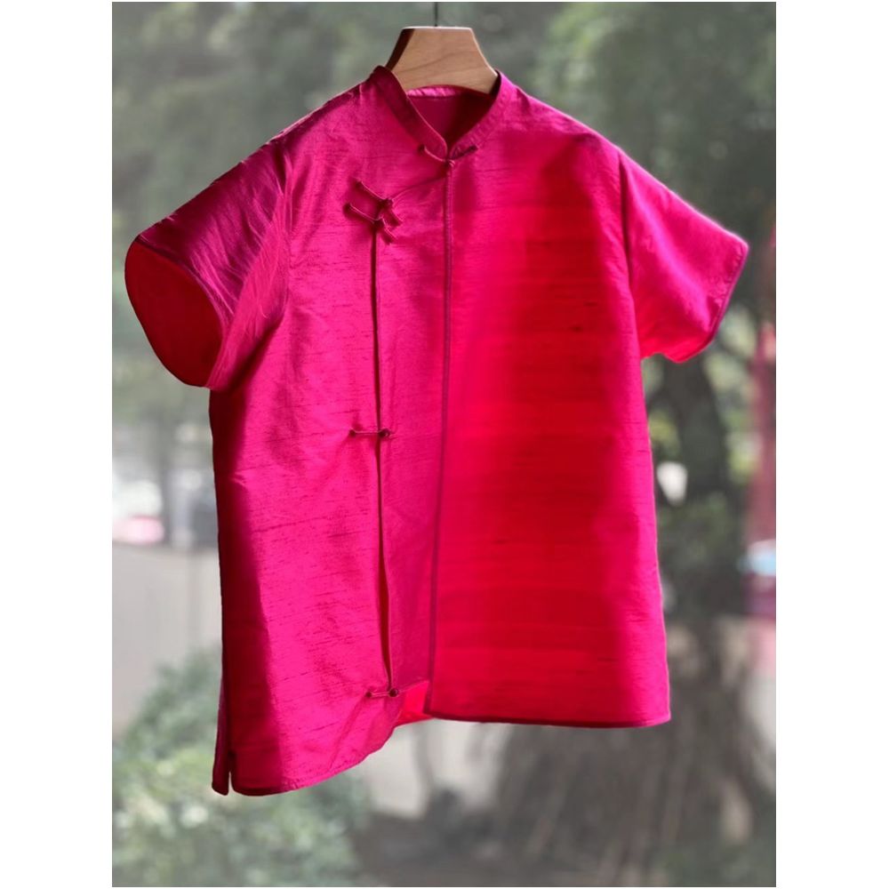 2025 autumn new Chinese style design with a niche rose red short sleeved shirt youthful and beautiful Western style top for women image 0