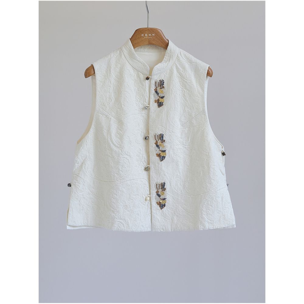 Nail bead embroidery fashionable new Chinese style cotton and wool set women s Chinese style mixed and matched vest high waisted split skirt M51096 image 3