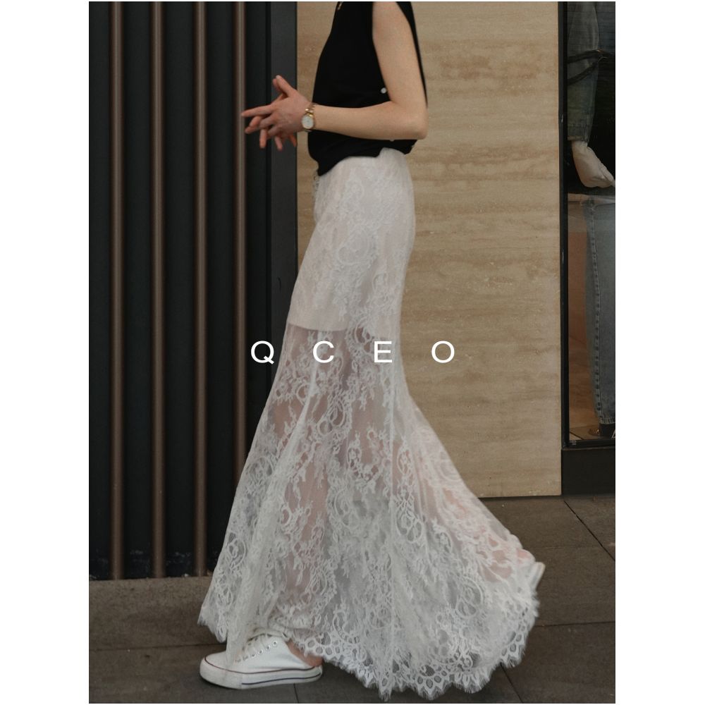 QCEO Premium Super Soft Eyelash Lace Half length Skirt with High Waist Fishtail Skirt Looks Thin Floor length Skirt Summer image 2