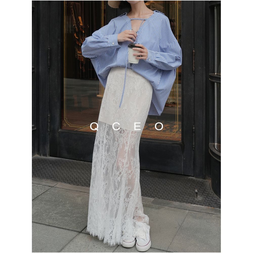 QCEO Premium Super Soft Eyelash Lace Half length Skirt with High Waist Fishtail Skirt Looks Thin Floor length Skirt Summer image 3