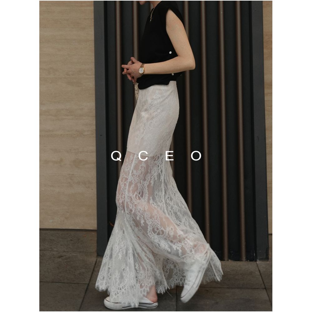 QCEO Premium Super Soft Eyelash Lace Half length Skirt with High Waist Fishtail Skirt Looks Thin Floor length Skirt Summer image 4