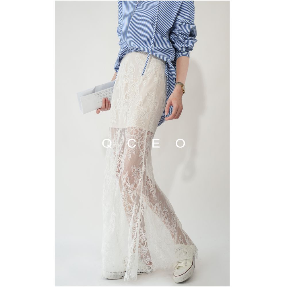 QCEO Premium Super Soft Eyelash Lace Half length Skirt with High Waist Fishtail Skirt Looks Thin Floor length Skirt Summer image 5