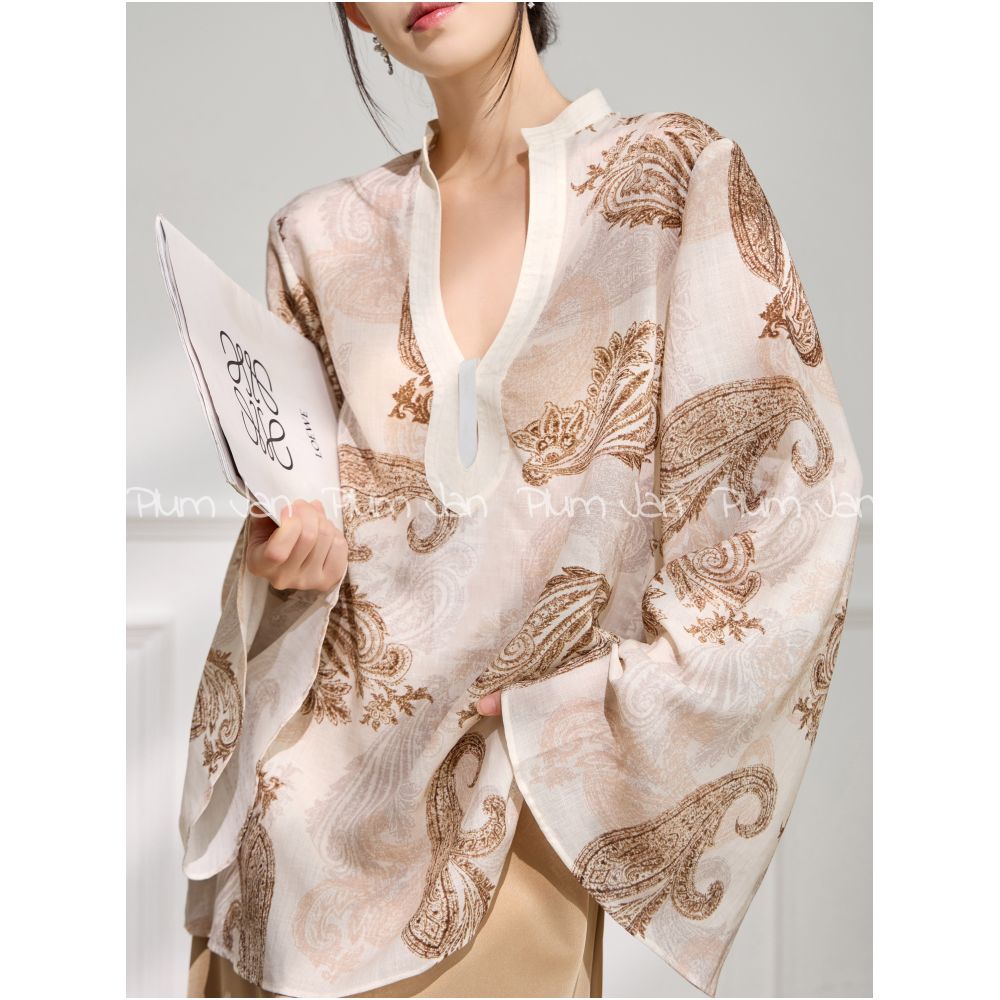 Plum Jan New Chinese style vacation V neck embroidered long sleeved loose casual high end top 2025 summer new item image 1