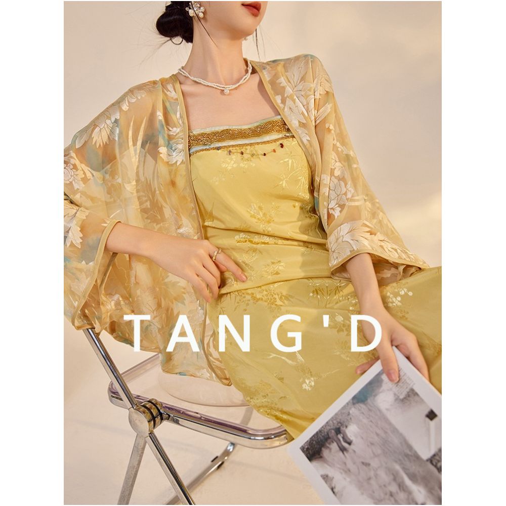 Tang Dou Gao Ding Yun Ran Kui New Chinese style Retro cardigan Chiffon Sunscreen jacket Strap skirt Dress image 1
