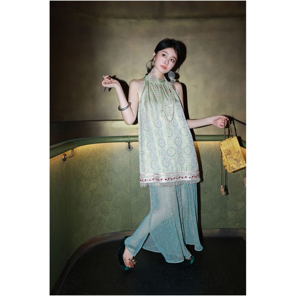 Dangdang Gilded Blue Melody Dream New Chinese Style Set Embroidered Cloud Shoulder Hanging Neck Top Bright Silk Folded Half Skirt image 41
