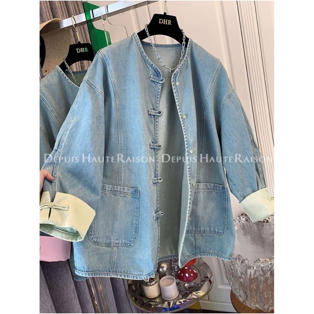 300 pounds extra large spring American retro outerwear men s and women s new Chinese style buckle chic fake two piece denim jacket image 1