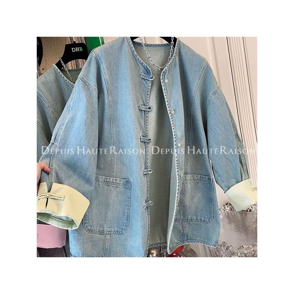 300 pounds extra large spring American retro outerwear men s and women s new Chinese style buckle chic fake two piece denim jacket image 11