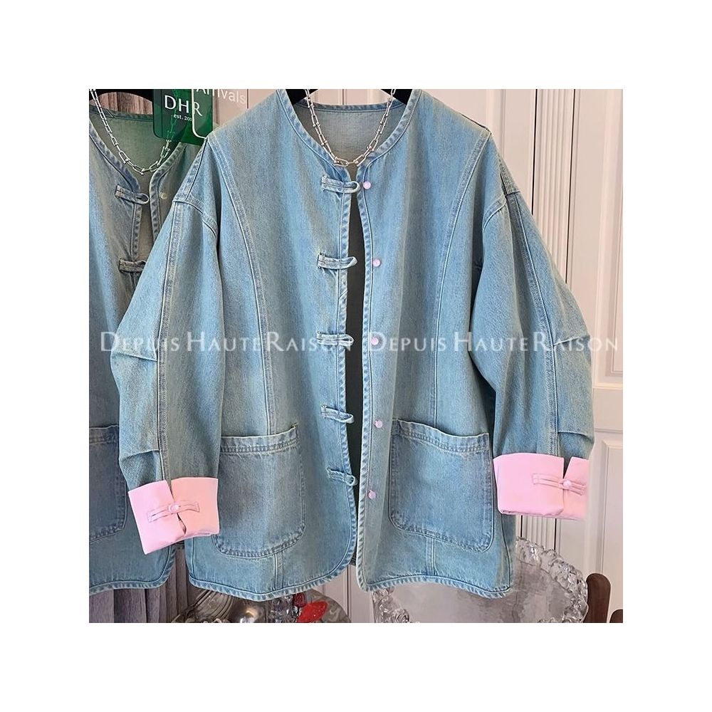 300 pounds extra large spring American retro outerwear men s and women s new Chinese style buckle chic fake two piece denim jacket image 21