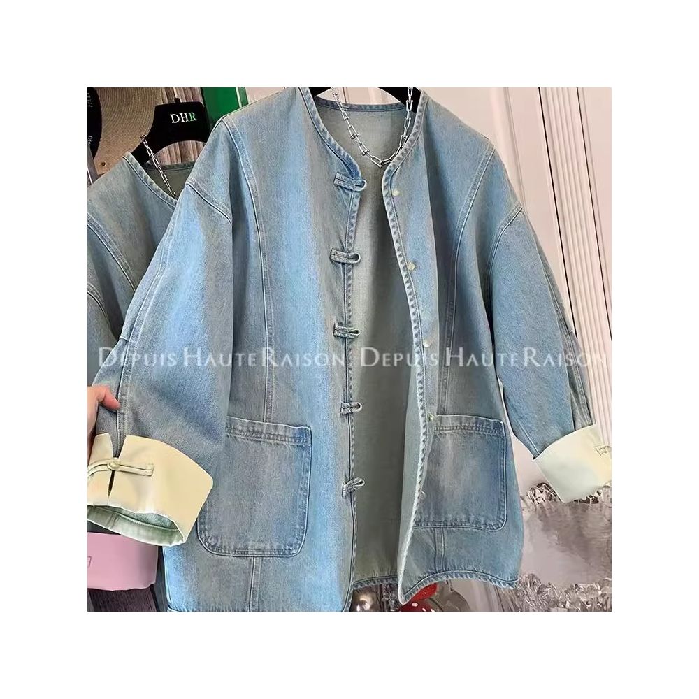 300 pounds extra large spring American retro outerwear men s and women s new Chinese style buckle chic fake two piece denim jacket image 26