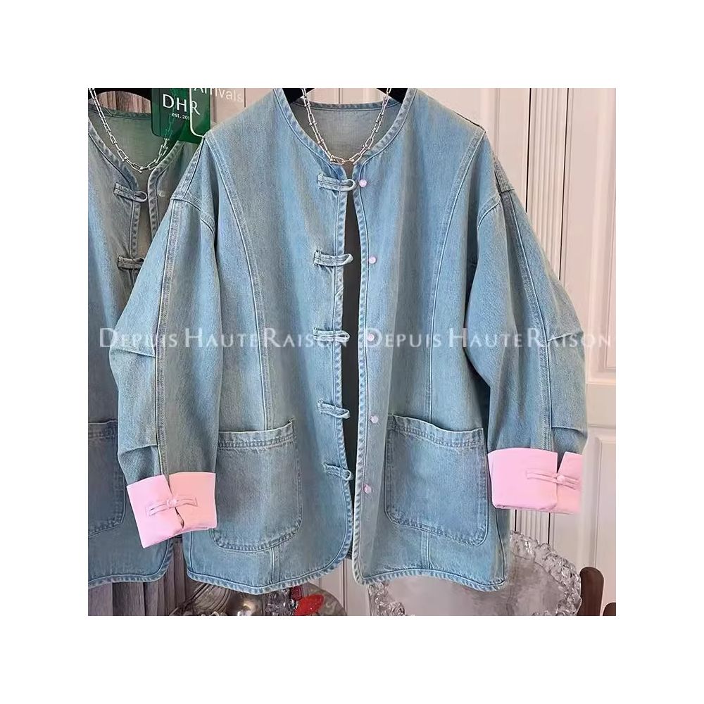 300 pounds extra large spring American retro outerwear men s and women s new Chinese style buckle chic fake two piece denim jacket image 37