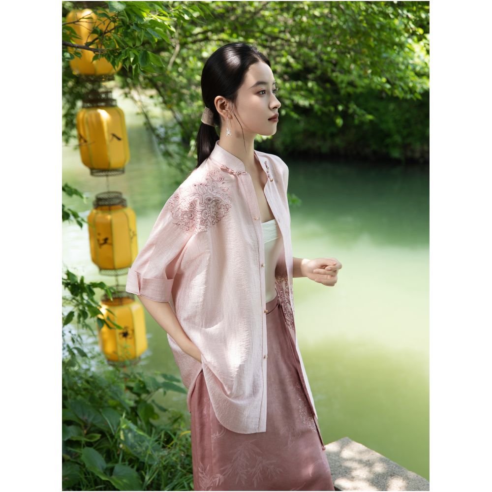 Cloud Delivery anytime anywhere Acetate chiffon fabric new Chinese style lazy feeling embroidery stand up collar shirt lining for women image 2