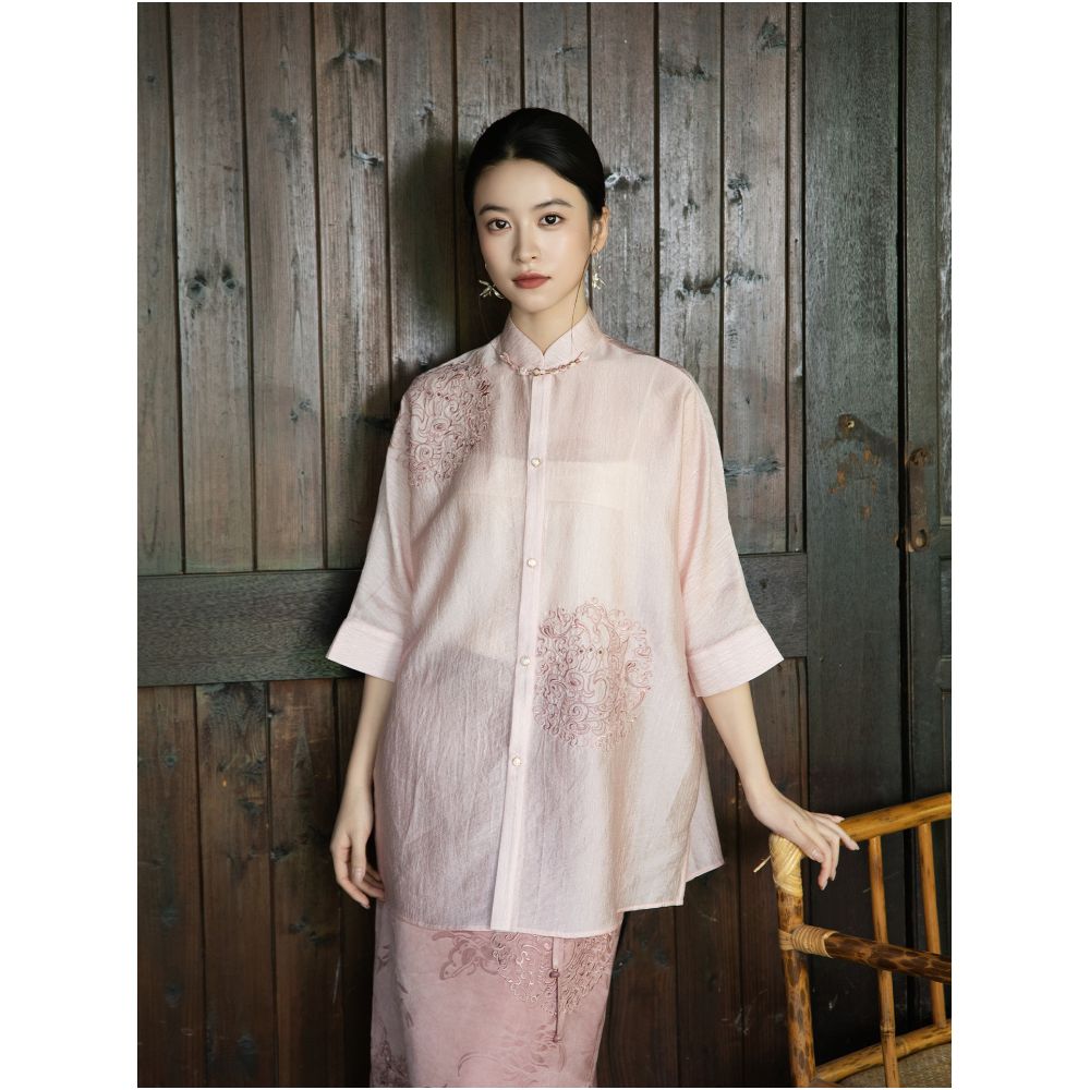 Cloud Delivery anytime anywhere Acetate chiffon fabric new Chinese style lazy feeling embroidery stand up collar shirt lining for women image 3