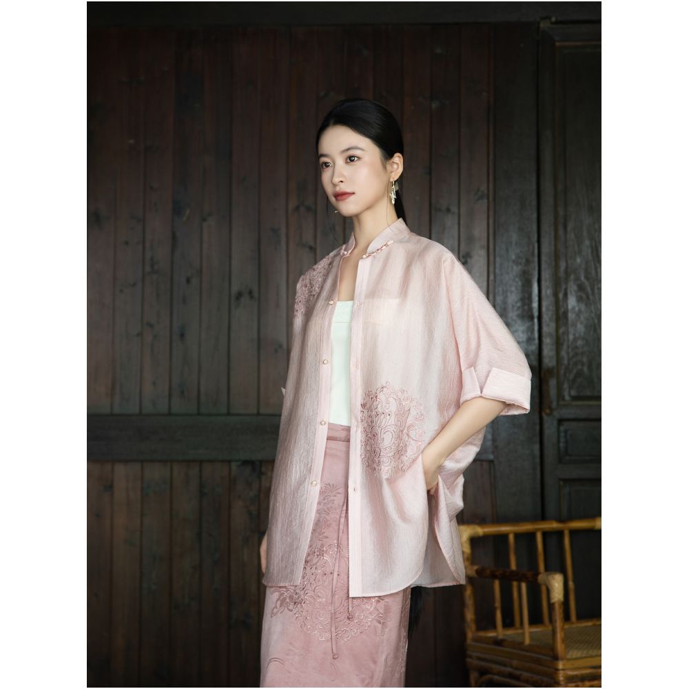 Cloud Delivery anytime anywhere Acetate chiffon fabric new Chinese style lazy feeling embroidery stand up collar shirt lining for women image 4