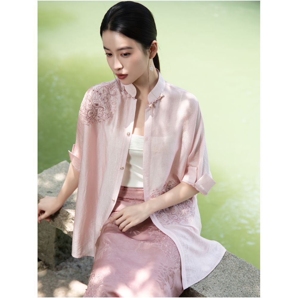 Cloud Delivery anytime anywhere Acetate chiffon fabric new Chinese style lazy feeling embroidery stand up collar shirt lining for women image 5