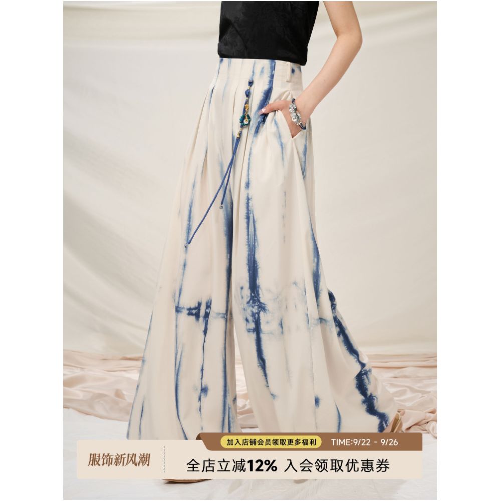 Anytime anywhere grab the new Chinese tie dye high waisted wide leg casual pants Chinese style long pants women s 2025 summer new style image 0