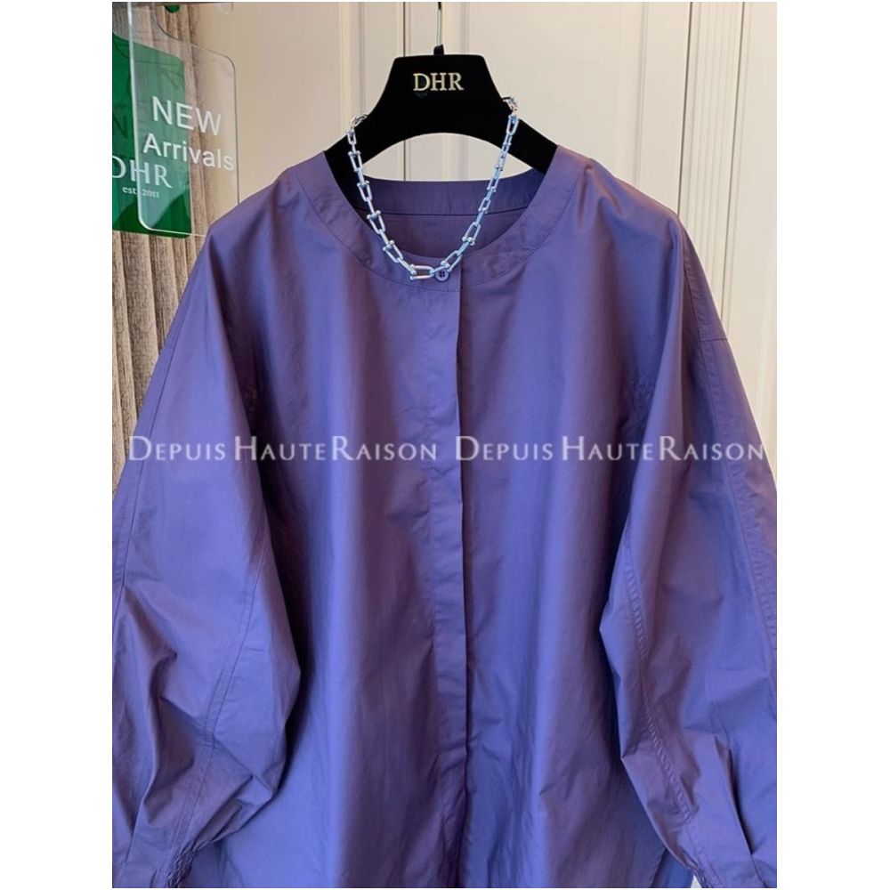 Large French style round neck lantern sleeves purple shirt for men and women Spring and Autumn 2025 new loose long sleeved top trend image 2