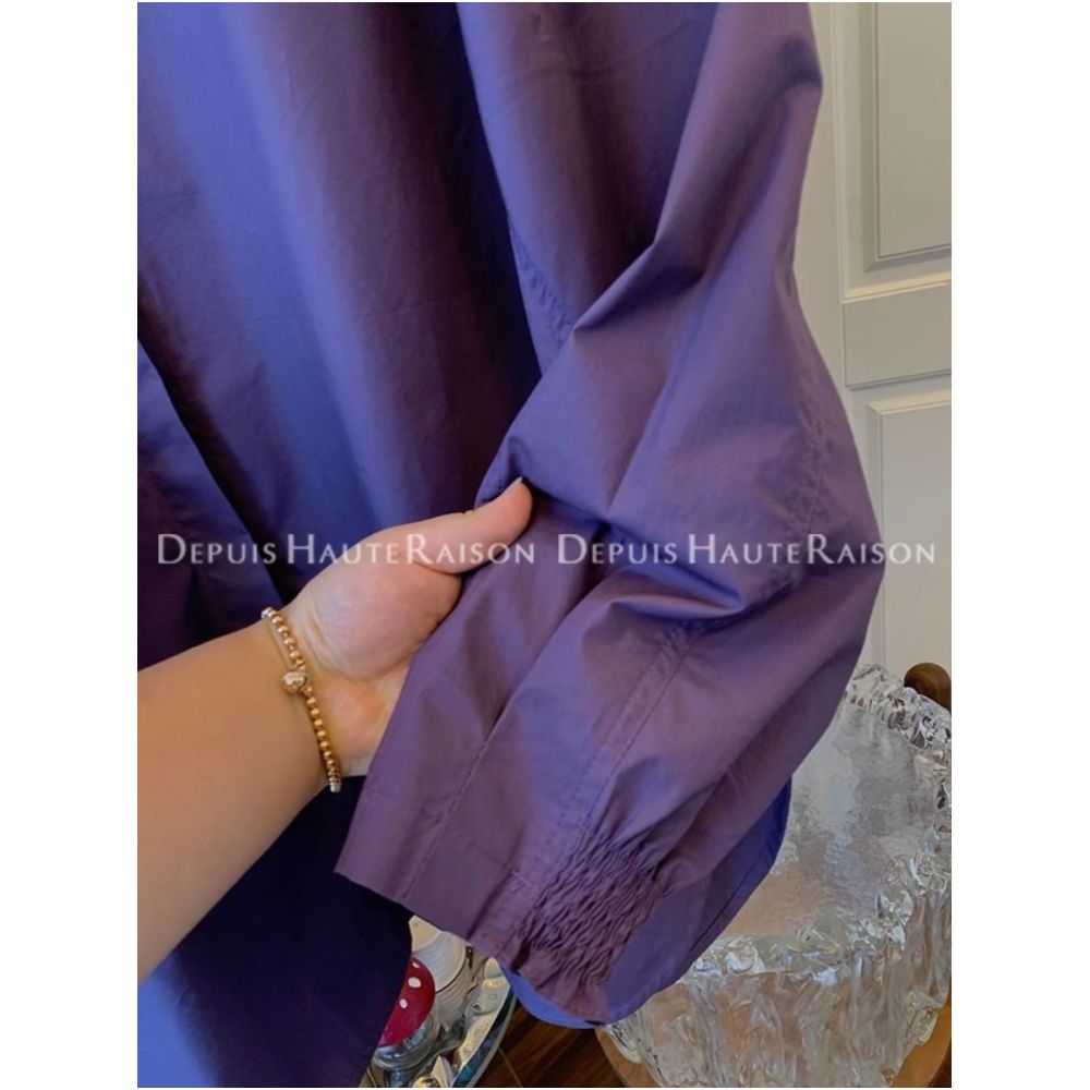 Large French style round neck lantern sleeves purple shirt for men and women Spring and Autumn 2025 new loose long sleeved top trend image 4