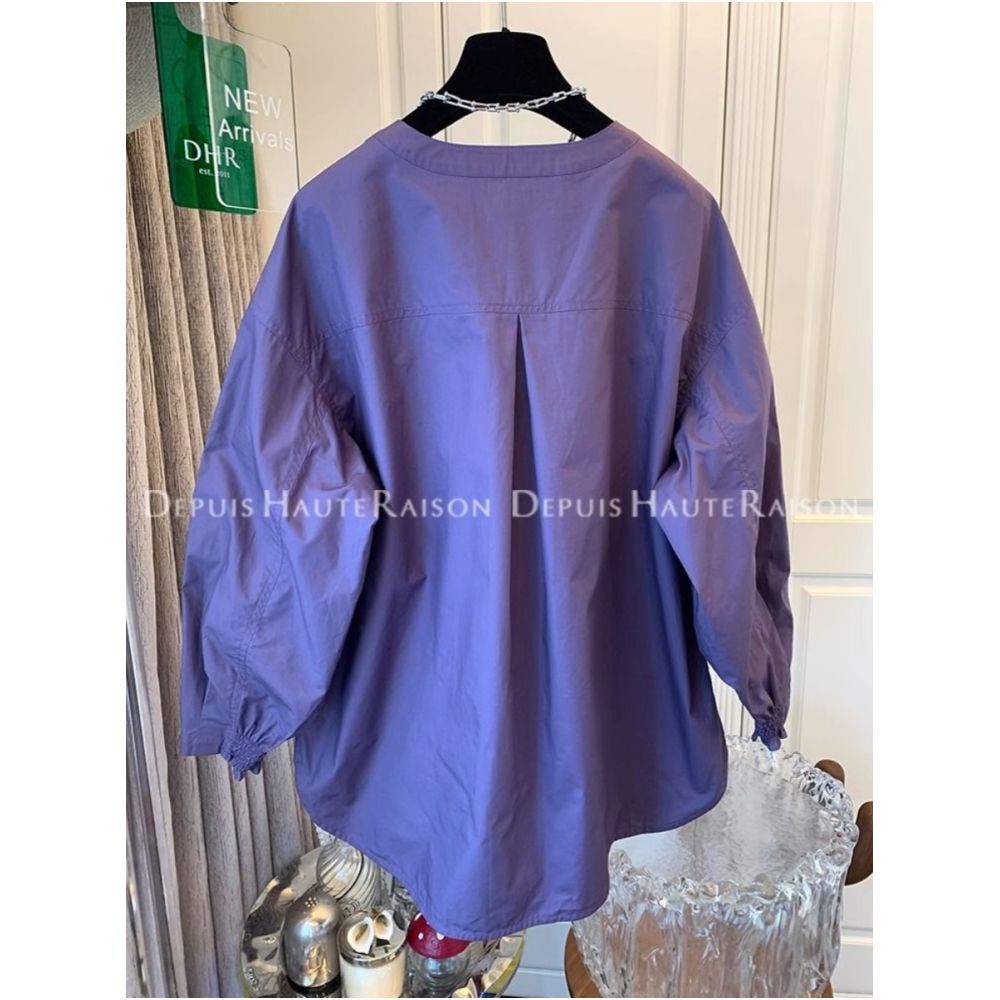 Large French style round neck lantern sleeves purple shirt for men and women Spring and Autumn 2025 new loose long sleeved top trend image 5