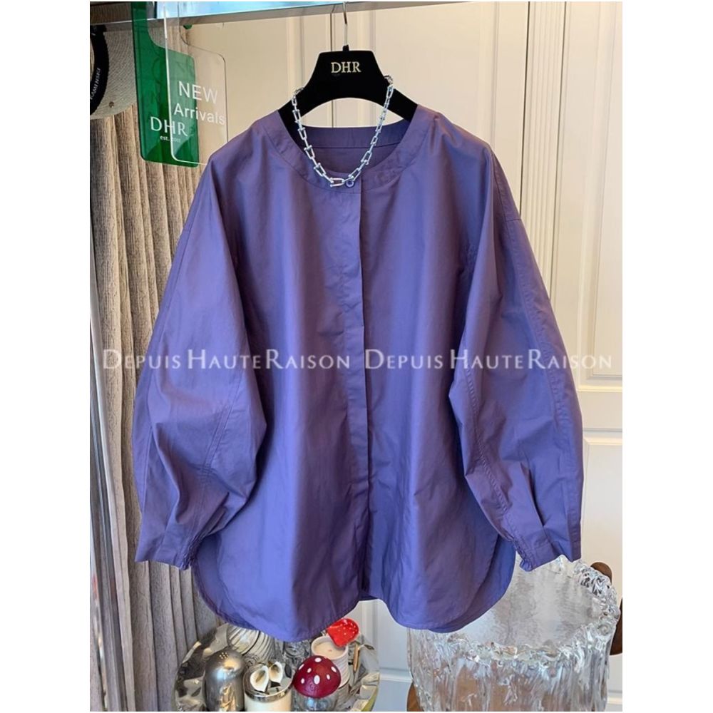 Large French style round neck lantern sleeves purple shirt for men and women Spring and Autumn 2025 new loose long sleeved top trend image 0