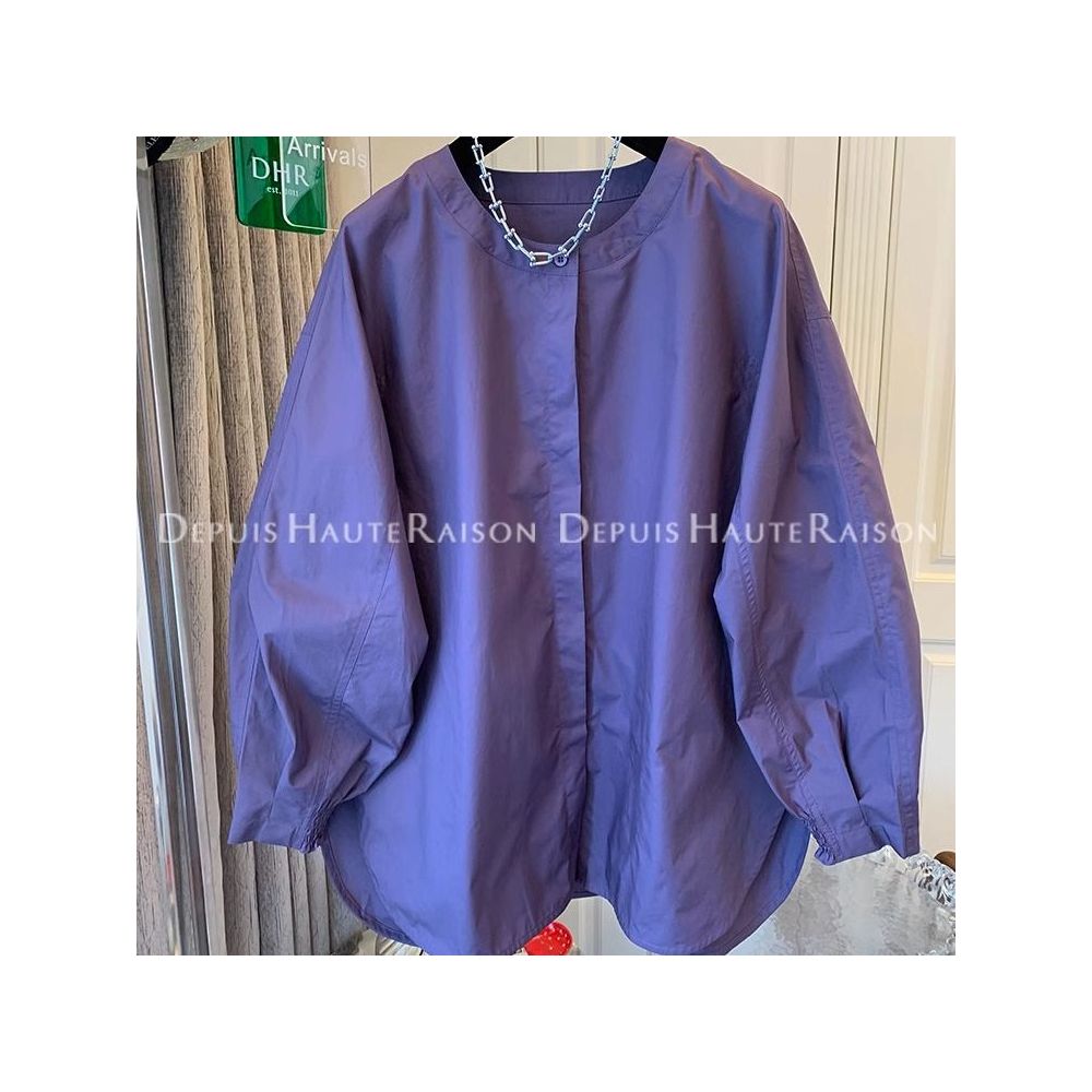 Large French style round neck lantern sleeves purple shirt for men and women Spring and Autumn 2025 new loose long sleeved top trend image 12