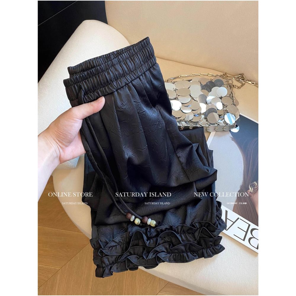 Plus size 300 pounds Japanese retro patchwork black fungus border pattern drawstring wide leg pants for men and women acetate satin pants image 4