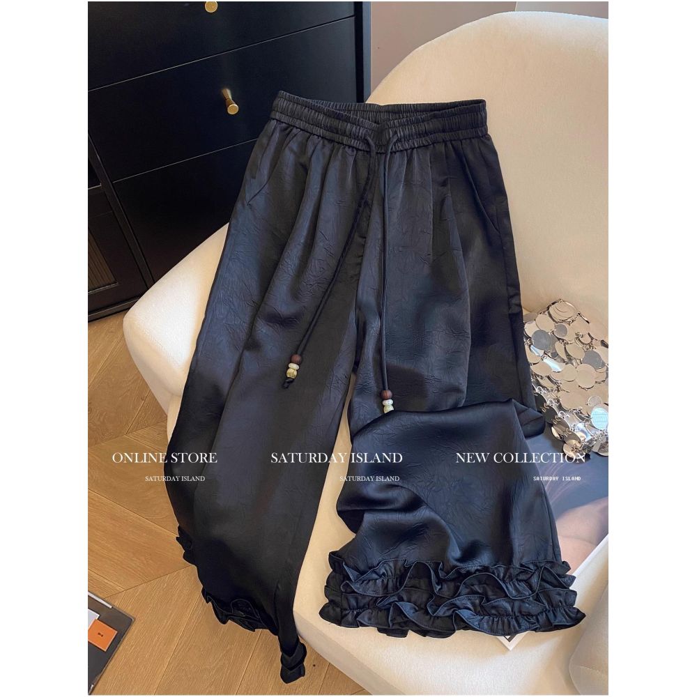 Plus size 300 pounds Japanese retro patchwork black fungus border pattern drawstring wide leg pants for men and women acetate satin pants image 5