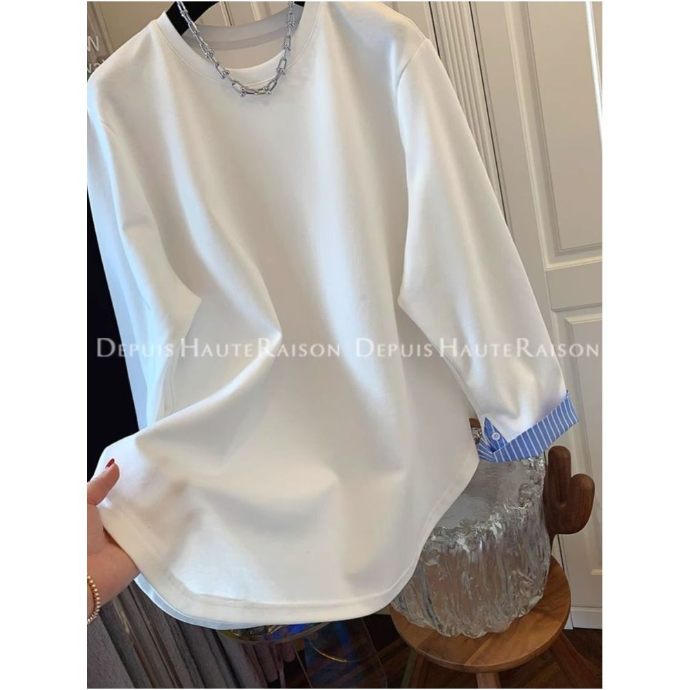 Large size 300 pounds fake two piece shirt splicing long sleeved T shirt for men and women in spring and autumn design niche and unique interior top image 24