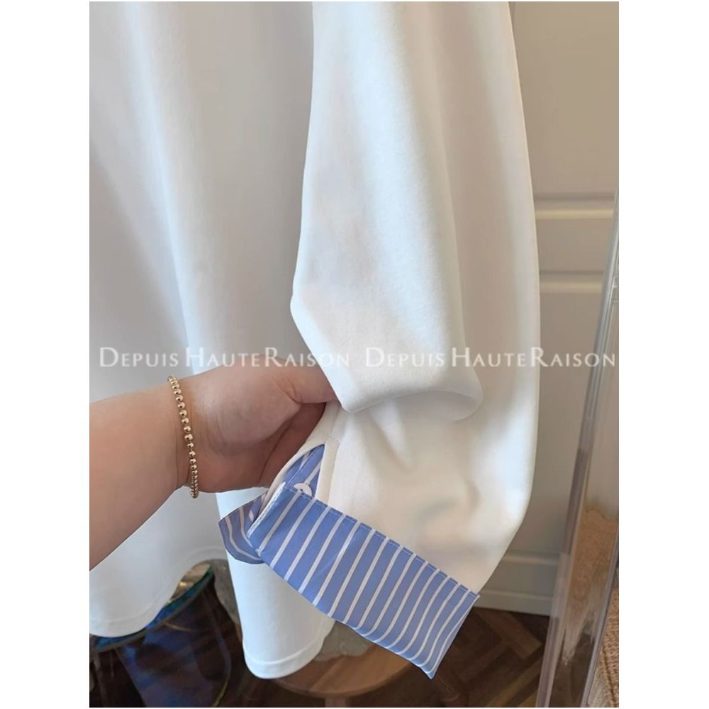 Large size 300 pounds fake two piece shirt splicing long sleeved T shirt for men and women in spring and autumn design niche and unique interior top image 25