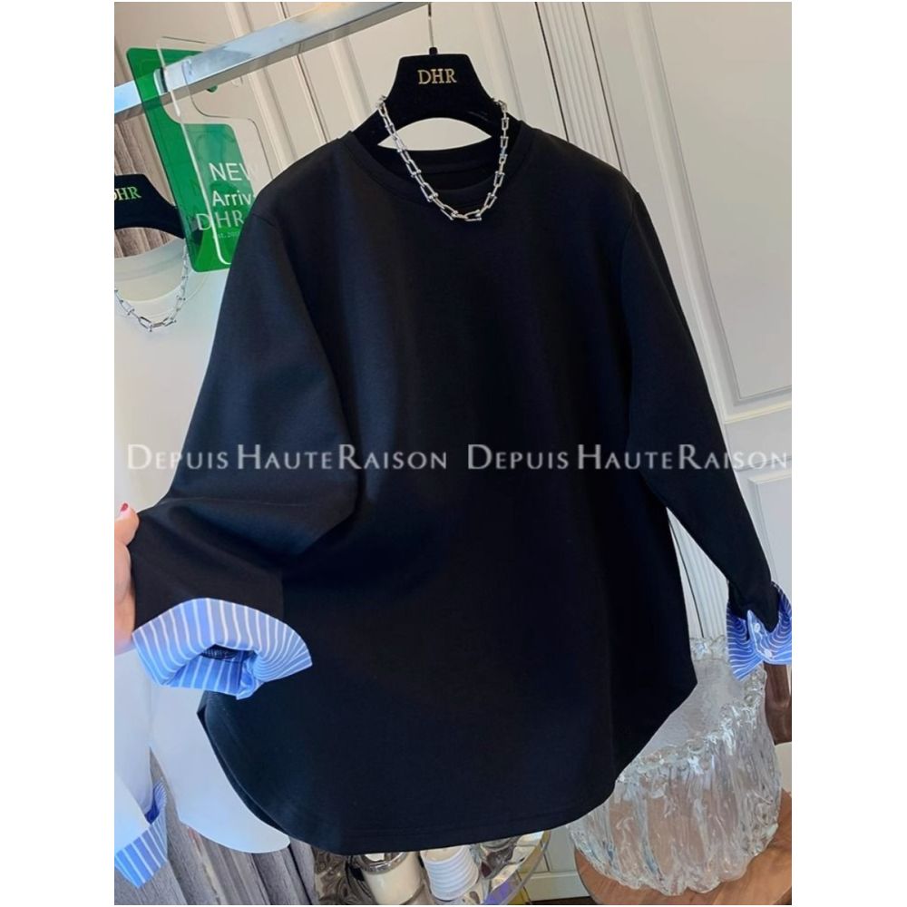 Large size 300 pounds fake two piece shirt splicing long sleeved T shirt for men and women in spring and autumn design niche and unique interior top image 26
