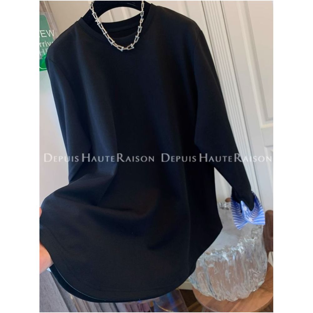 Large size 300 pounds fake two piece shirt splicing long sleeved T shirt for men and women in spring and autumn design niche and unique interior top image 27