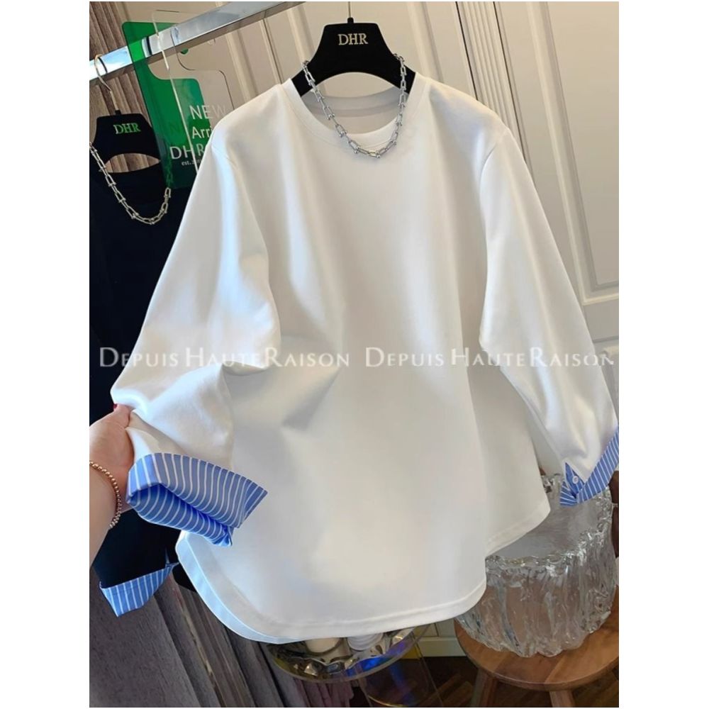 Large size 300 pounds fake two piece shirt splicing long sleeved T shirt for men and women in spring and autumn design niche and unique interior top image 0