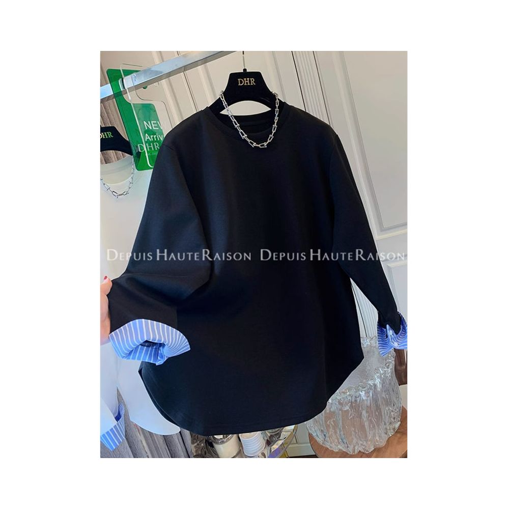 Large size 300 pounds fake two piece shirt splicing long sleeved T shirt for men and women in spring and autumn design niche and unique interior top image 39