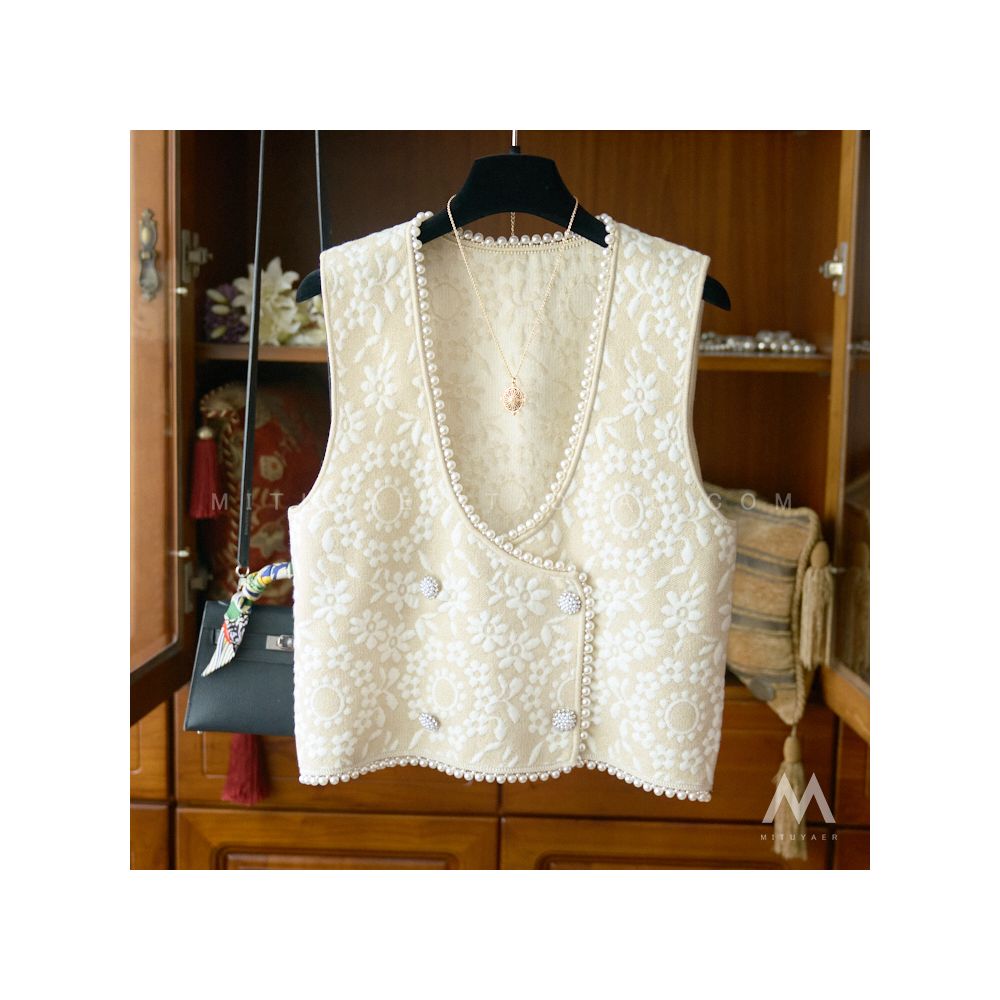 Lingering in the heart overlapping temperament doubled bead relief flower texture knitted vest vest vest T07030 image 15