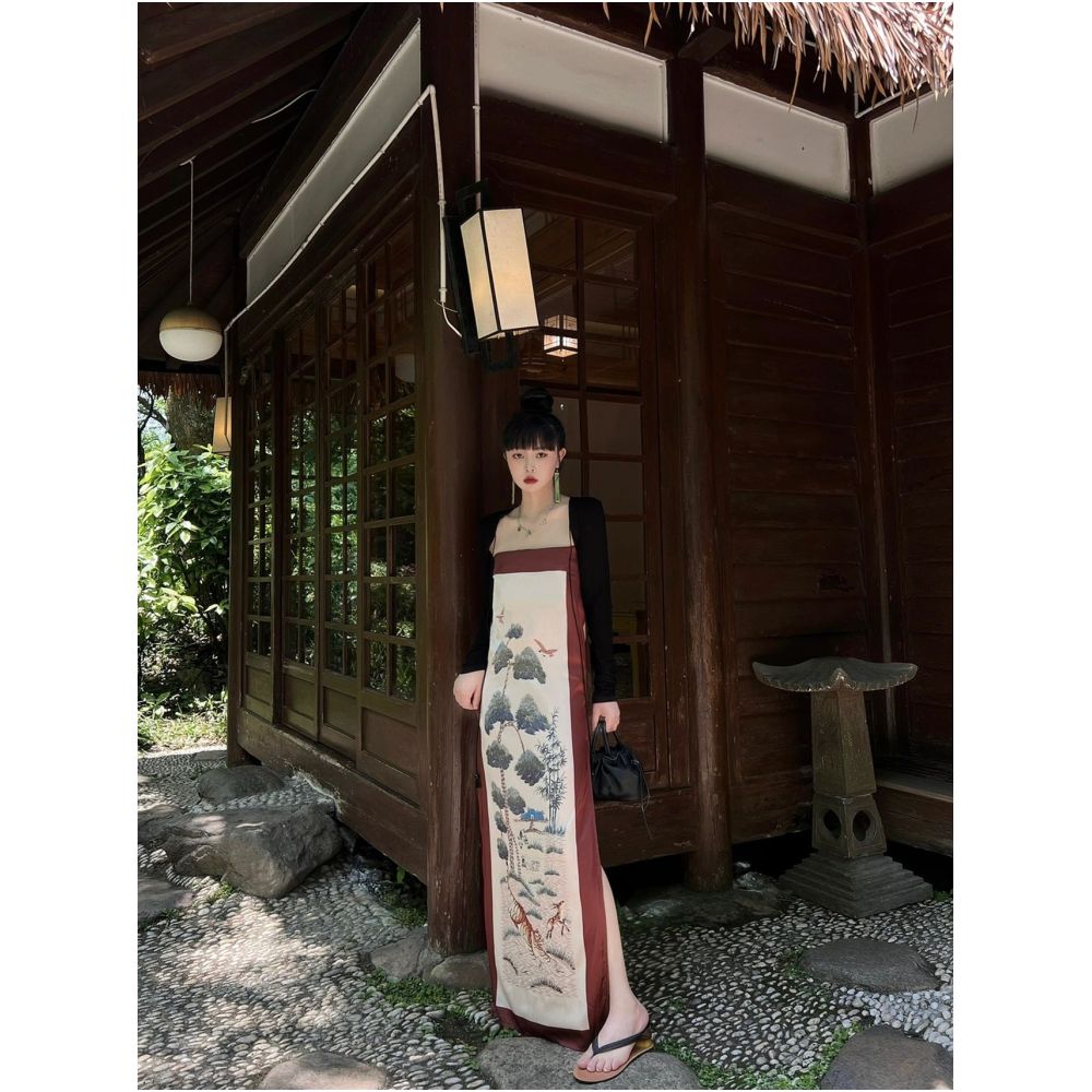 Asaya1045 - China Chic retro dress with straight neck in summer 2022 New slim slim high waist slit dress for women