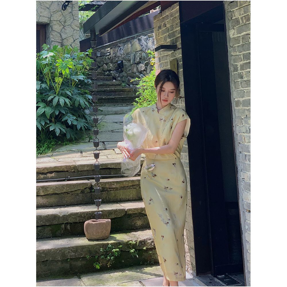 Hua Hua Yuan Bi Po Ningxiang Light Yellow New Chinese Short sleeved Dress for Women s Spring and Summer Cheongsam Improved Hip Wrapping Skirt image 3