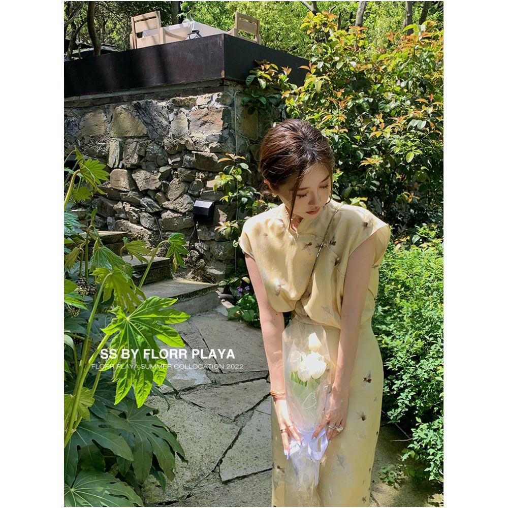 Hua Hua Yuan Bi Po Ningxiang Light Yellow New Chinese Short sleeved Dress for Women s Spring and Summer Cheongsam Improved Hip Wrapping Skirt image 5